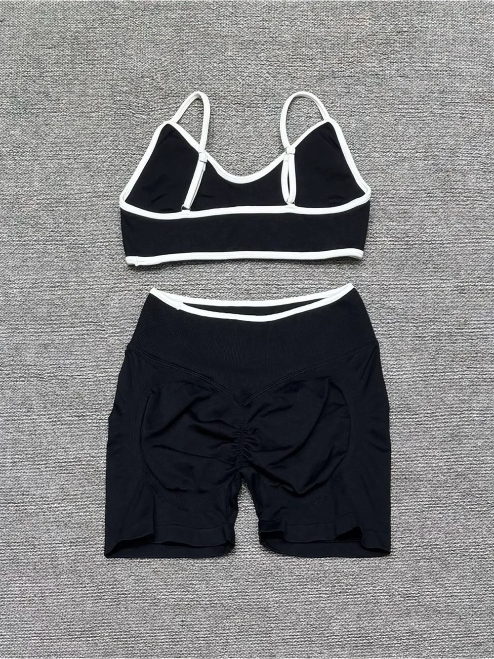 ALO Yoga Black and White Ribbed Bike Shorts and Bralette Set